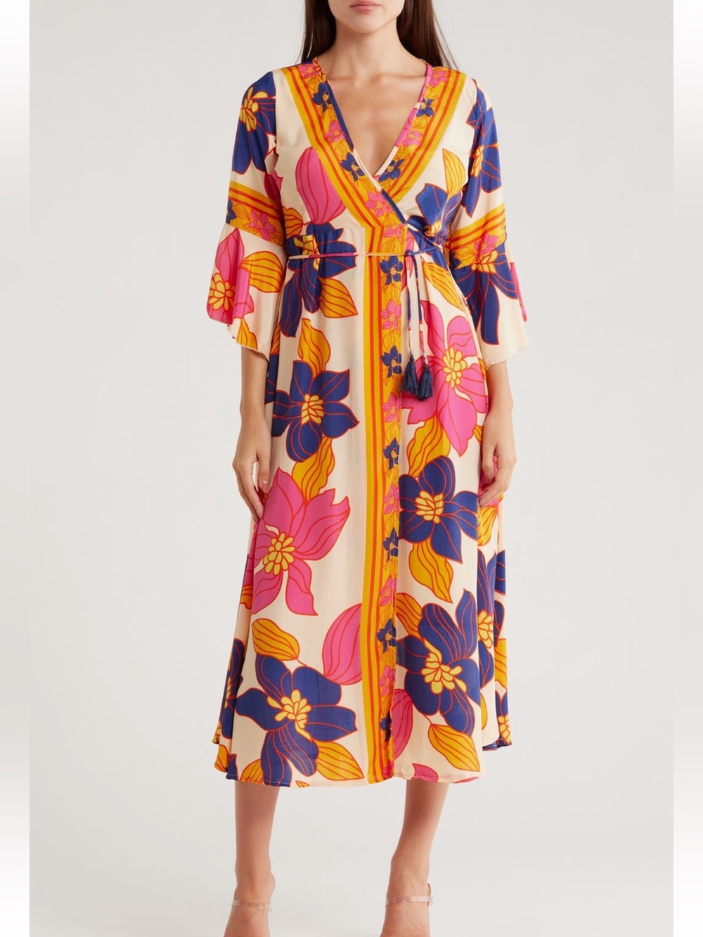 NWT Ben & Lisa La Fiorentina Print Plunge Neck Maxi dress, M.